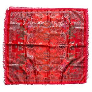 Vintage Chinese Piano Shawl Tablecloth Tapestry Red Silk Brocade 38 x 35 NEW